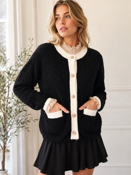 easel Sweaters - 11. EASEL Black & Cream Bouclé Button-Front Jacket